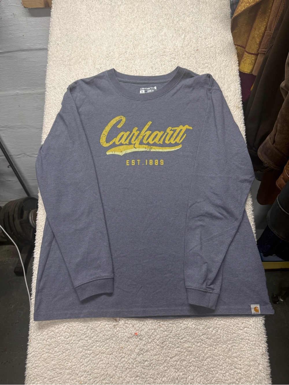 Carhartt Long Sleeve Logo Tee in Heather Gray with Yellow Script loose youth XL